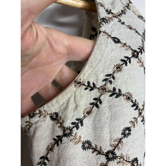 CTC Linens Women's Medium Sleeveless Brown Beige Floral Embroidered Linen Dress - Picture 5 of 9